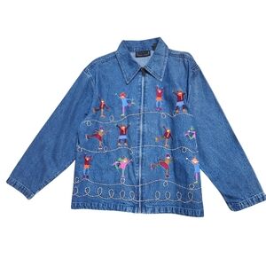 Vintage Life Style denim zip front jacket embroidered ice skaters women'…‎